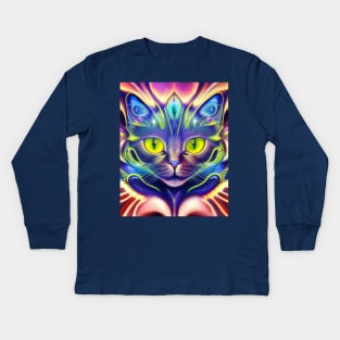 Kosmic Kitty (4) - Trippy Psychedelic Cat Kids Long Sleeve T-Shirt